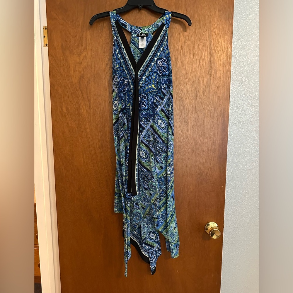 SLNY Blue and Green Asymmetrical Dress